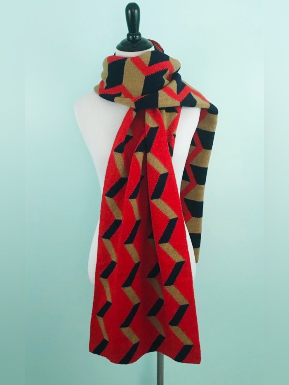 J. Crew Chevron and Stripe Red, Tan & Navy Geometric Knit Scarf - Picture 2 of 9